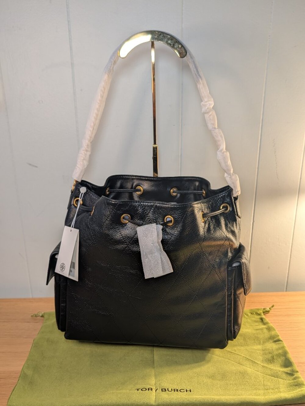 Tory Burch Large Charlie Quilted Drawstring Shoulder Bag in black